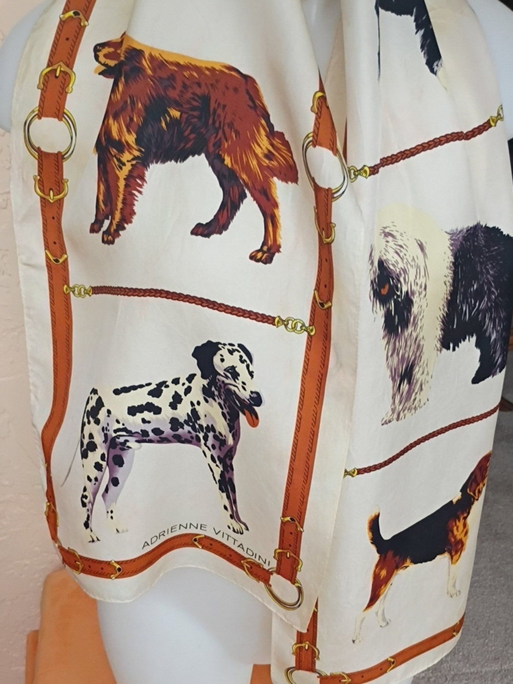 Adrienne Vittadini Cream Dog Print SILK Scarf with Tan Strap Motif Hermes Style